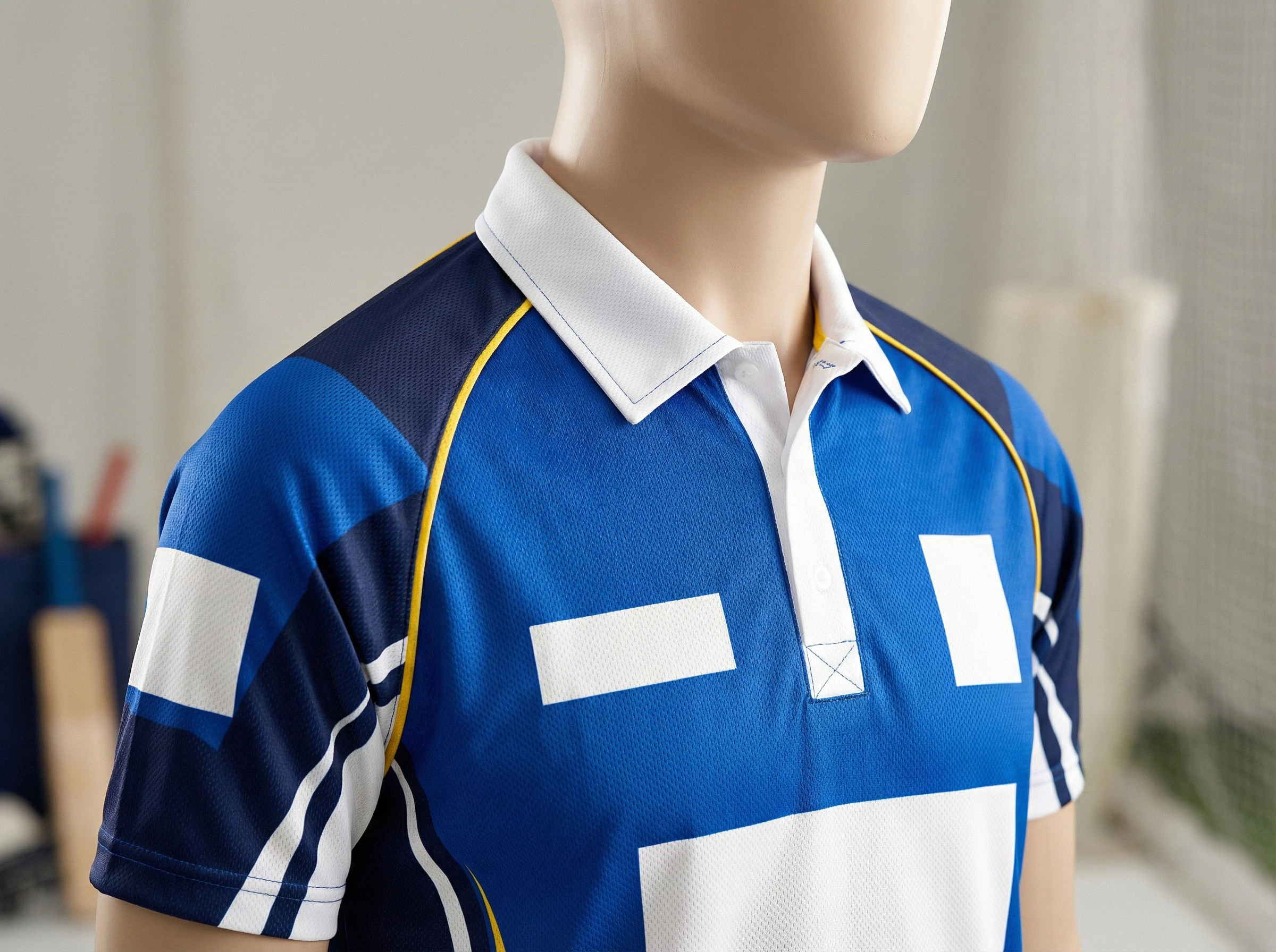 Close-up of custom printed cricket jersey showing player name, number, and team logo